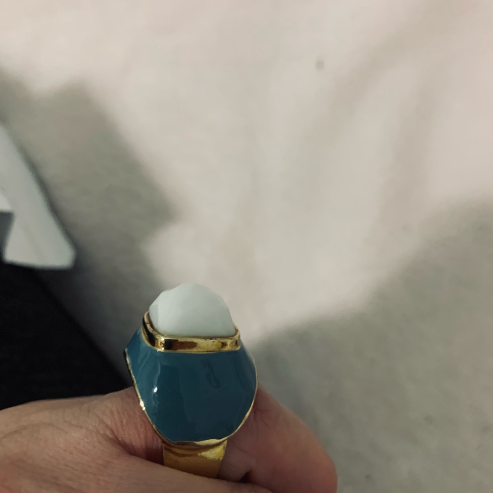 Gold Vermeil Ring with Blue Enamel White Glass - Picture 2 of 4